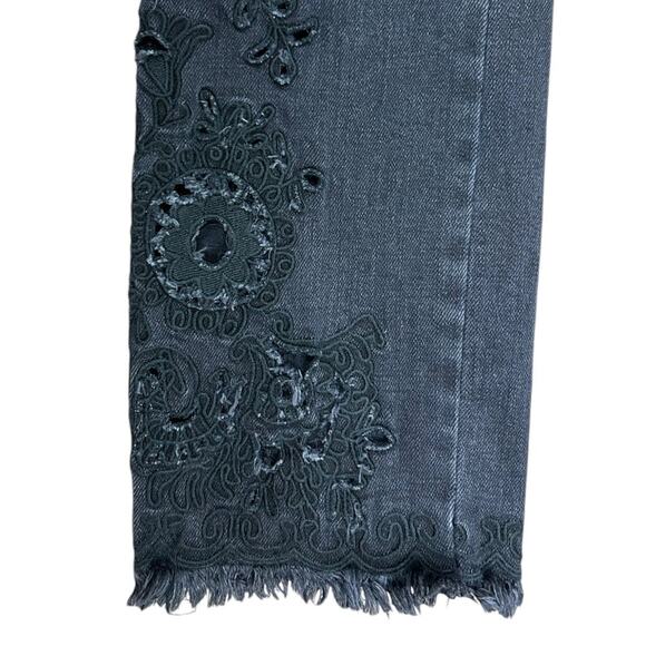 Free People Raw Hem Cutwork Cigarette Jeans Black Embroidered Crop Denim size 25 - Picture 8 of 12